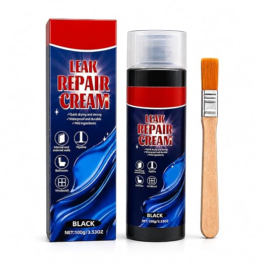 Leak Repair Cream with Brush, Black Waterproof Sealant, Flexible Patch and Sealant for Small Cracks, Gaps, Seams, Roof Edges, Gutters, Pipe Exteriors, Walls, Window Edges, Indoor Outdoor Repair