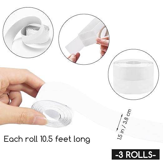 3 Rolls 1.5 Inch Caulk Tape Self Adhesive Toilet Caulking Strip Bathroom Sealing Caulk Strip Peel and Stick Bathtub Caulking Tape, 10.5 Feet Each Roll (White)