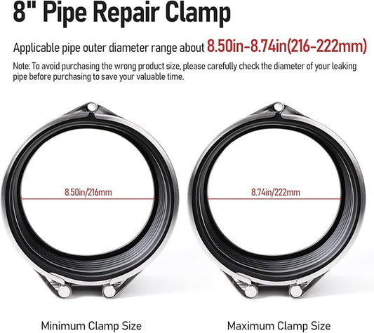 Upgraded Pipe Repair Clamp with M1 Self-Adhesive Leak-Sealing Tape | 304 Stainless Steel Rust-Proof Emergency Pipe Repair Kit for Plastic & Metal Pipes, 8"(216-222mm)