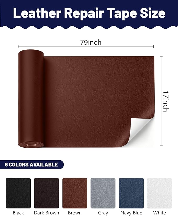 BOUYEER Leather Repair Patch Tape Kit,Self Adhesive Leather Repair for Sofa，Car Seat,Office Chair,Furniture,Jacket,Waterproof Strong Adhesive Vinyl Repair Kit. 17 in x 79 in,Fine Grained Brown