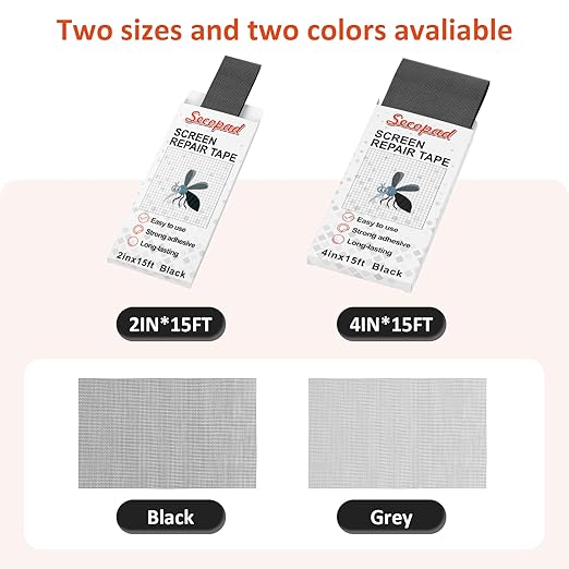 Secopad Grey Screen Repair Tape, 2" X 180" (15FT) Window Screen Door Repair Kit, Strong Adhesive Fiberglass Patch Tape Mesh
