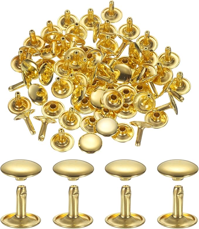 uxcell 120Set Leather Rivets, 10mm Double Cap Rivet Tubular Metal Studs Repairs Decoration Craft Accessories for Repair Decorate Leather Craft Belt Bag Shoes Purse Belts, Gold