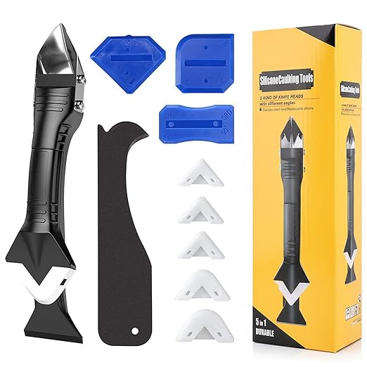 Caulking Tool 5 in 1 Silicone Caulk Remover Tool Kit, Grout Removal & Sealant Finishing Tool with Stainless Steel Scraper, 5 Silicone Pads for Bathroom Kitchen Sink Window Seam Repair