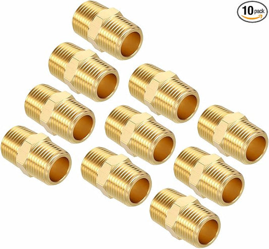 Pack of 10, 3/8" MNPT To 3/8" MNPT Solid Brass Hex Nipple Hose Connectors W/Sealing Tapes, Male Pipe Adapter for Pipe Leak Repair, Bathroom Remodeling, Tool Extension, Compression