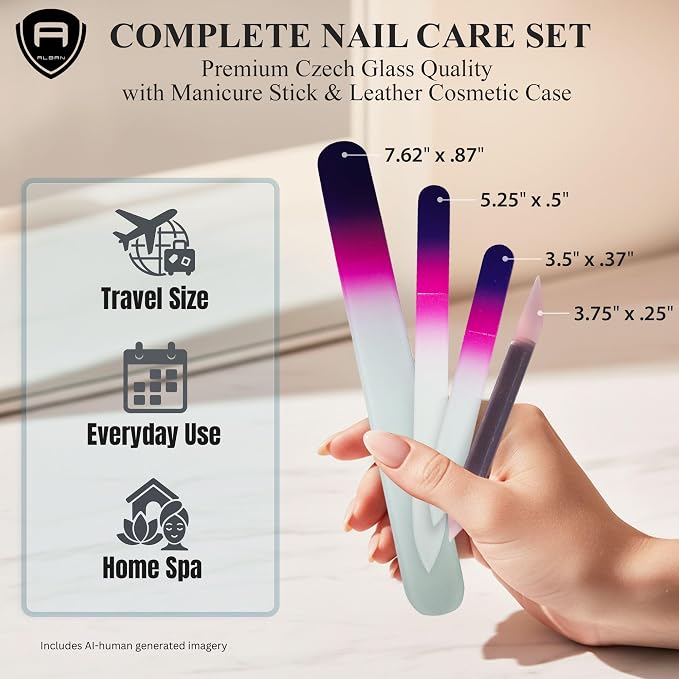Alban Czech Glass Nail File Set with Manicure Stick & Vegan Leather Cosmetic Case (Purple-Pink Nail FilesPink Manicure Stick & Cream Cosmetic Case)