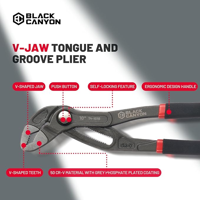 BLACK CANYON 10" Tongue and Groove Pliers, V-Jaw Groove Joint Plier with 25 Adjustable Positions, Heavy Duty 50 Cr-V Steel, Non-Slip Ergonomic Handle for Plumbing, Nuts, Bolts & Automotive Repair