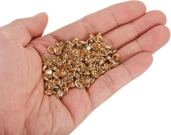 HARFINGTON 100 Sets Double Cap Leather Rivets, 6x6mm Round Cap Tubular Metal Studs Leather Crafting Rivets for Fabric Belt Pet Collar Boot Bag Repair and Decoration, Light Gold