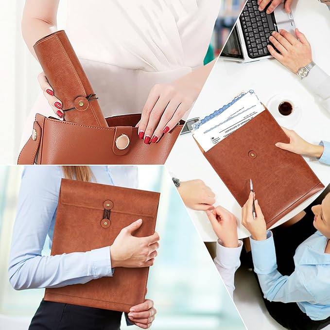 Brown PU Leather File Folder for Documents,Important Document Folder with String Tie,Laptop Sleeve Notebook Case,Leather File Organizer,A4 Envelopes Filing Folder