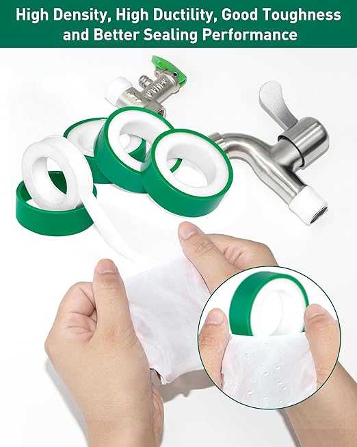 4 Roll Plumbers Tape, -374 to 536 Degree F Temperature Range, Teflon Plumbing Tape, High Density 0.45g/cm, Used for Water Pipes, faucets, valves, L 390 in x W 0.47 in³.Green