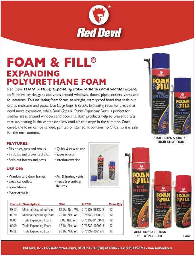 Red Devil 092012 Foam & Fill Small Gaps & Cracks Expanding Polyurethane Sealant, 20 oz, Off-White, Case of 12