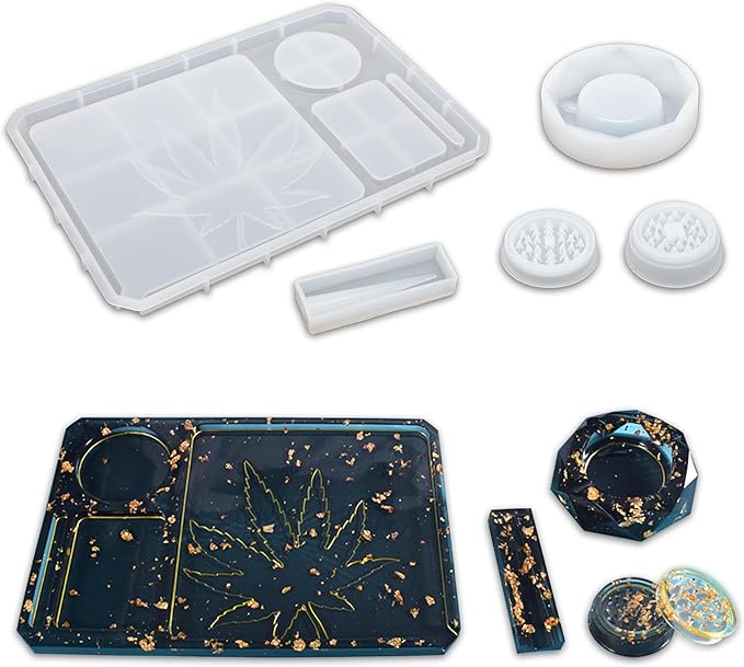 5 PCS Rolling Tray Mold for Resin Grinder Mold for Grind and Storage Large DIY Silicone Molds Kit for Epoxy Resin Casting