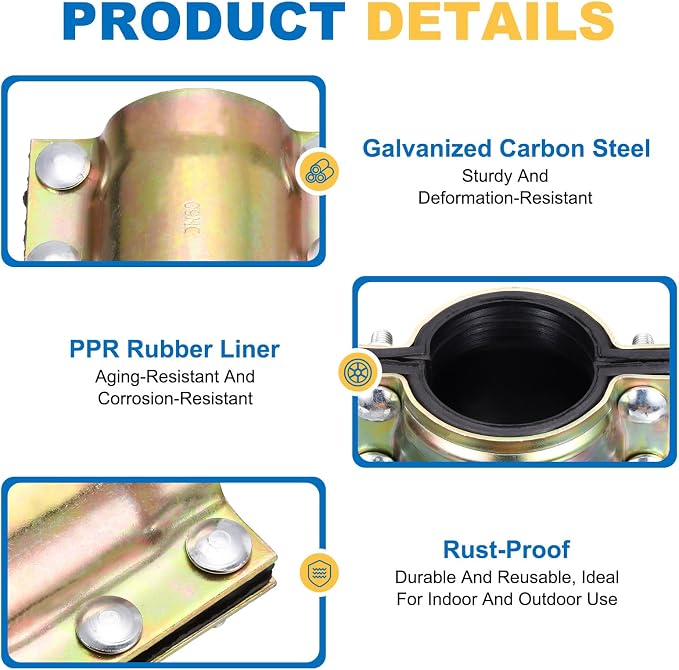 Water Pipe Repair Clamp, 4.72 Inch Length, 2-3/8 Inch ID Carbon Steel Leak Sealer Clamp, Leak Stoppers Pipe Repair Kit for 60mm OD PE PVC PPR Steel Iron Pipes