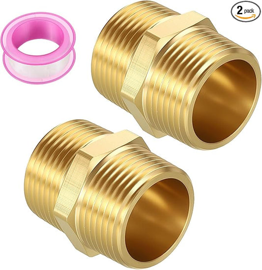 Pack of 2, 1" MNPT to 1" MNPT Solid Brass Hex Nipple Hose Connectors with Sealing Tape, Male Pipe Adapter for Pipe Leak Repair, Bathroom Remodeling, Tool Extensions, Compression