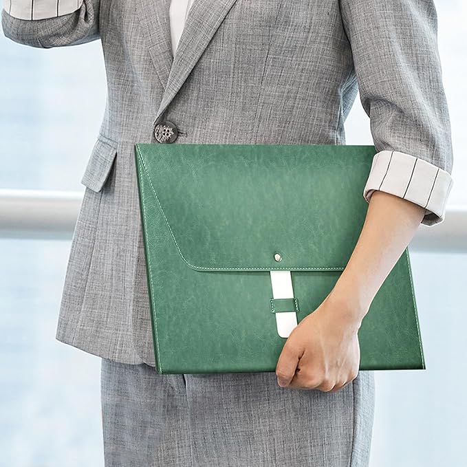 PU Leather A4 File Folder Large Document Holder Waterproof Envelope Folder Case with Handmade Closure (Green)