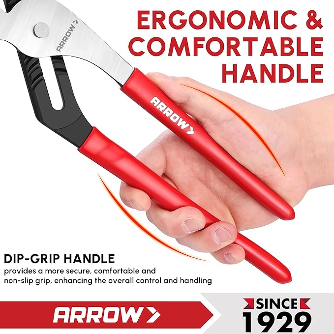 ARROW 3-Piece Groove Joint Pliers Set, Adjustable Water Pump Pliers Set (8", 10", 12") with 5 & 7 Jaw Positions, Serrated Jaws and Comfort Dip-grip Handle, for Plumbing Repair & Home Maintenance