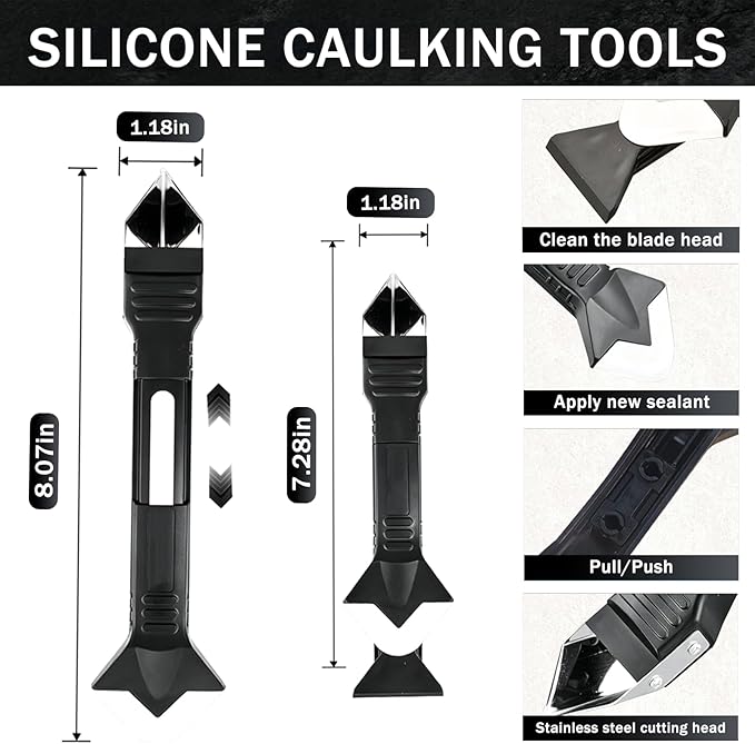 Caulk Remover Tool Set 3 in 1, Silicone Caulking Tool & Sealant Smoothing with 5 Interchangeable Pads, Non-Slip Push-Pull Design – for Bathroom, Kitchen, Tile,bathroom, Window, Sink