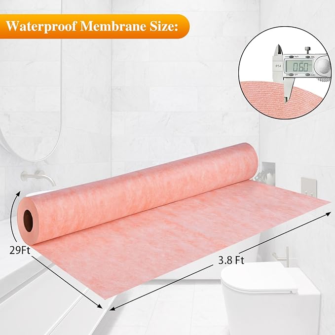 Waterproof Membrane for Shower,3.8 ft x 29 ft Waterproofing Shower Membrane for Tile Wall Floor Bathroom Shower Sauna Steam Room,Tile Underlayment Seam Tape Uncoupling Band,23.6 Mils Thick,110 Sq Ft