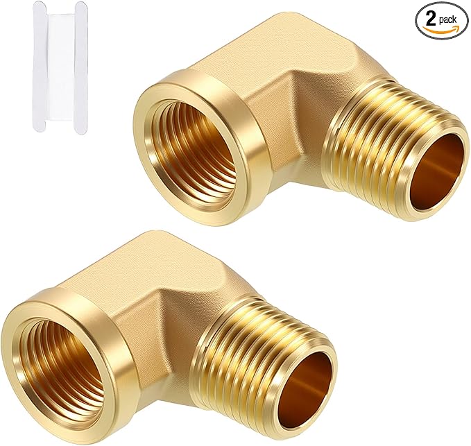 Pack of 2, 90° 3/8" NPT FeMale to 3/8" NPT Male Solid Brass Barstock Street Elbow, Forged Pipe Fitting for Pipe Leak Repair, Bathroom Remodeling, Tool Extension, Compression
