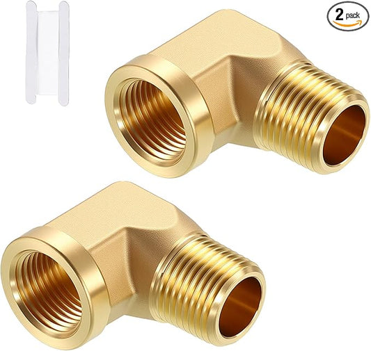 Pack of 2, 90° 3/8" NPT FeMale to 3/8" NPT Male Solid Brass Barstock Street Elbow, Forged Pipe Fitting for Pipe Leak Repair, Bathroom Remodeling, Tool Extension, Compression
