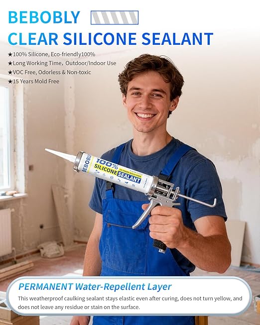 Silicone Caulk & Sealant Clear, 100% Waterproof Silicone Sealant, Shrink & Crack Proof, Silicone Sealant Caulking for Kitchen, Bathroom, RV, Interior & Exterior Use, 10.2 FL. OZ/300ML, 1 Pack