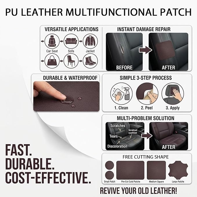 2PCS Leather Repair Patch Tape for Car Seats, Self Adhesive Leather Repair Patch Vinyl Repairs Kit, Waterproof PU Upholstery Tape for Furniture Couch Chair, Sofa Seat Repairs 4 x 8 Inch (Black)