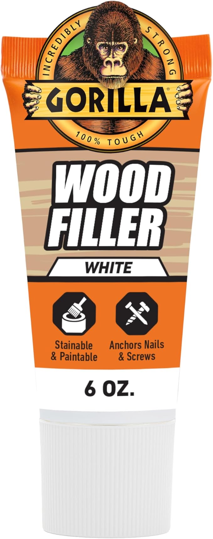 Gorilla All Purpose Wood Filler, White, Wood Filler, 6 Ounce Tube (Pack of 1) - Water Resistant for Indoor or Outdoor Projects and Repairs