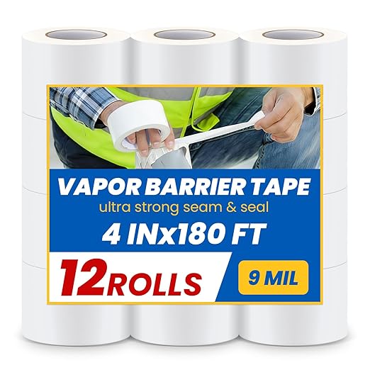 12 Rolls Vapor Barrier Tape, White Moisture Barrier Tape for Crawl Spaces, Polyethylene Tape for Underlayment, Waterproof Seam Tape for Insulation, Plastic Liners (4" x 180 ft Each Roll)