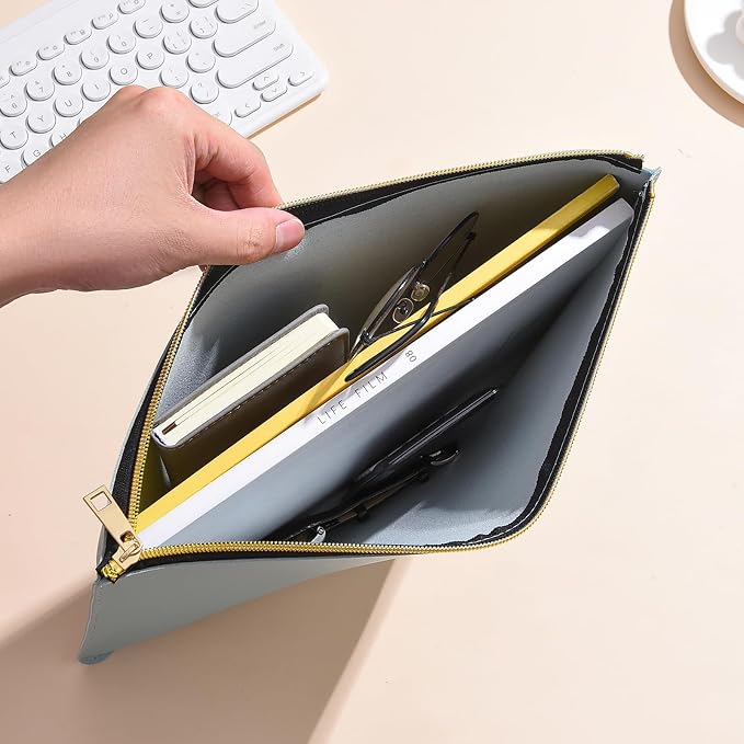 PU Leather A4 File Folder Zipper Document Holder Envelope Folder Case for Receipt Contract (1, Light Blue)