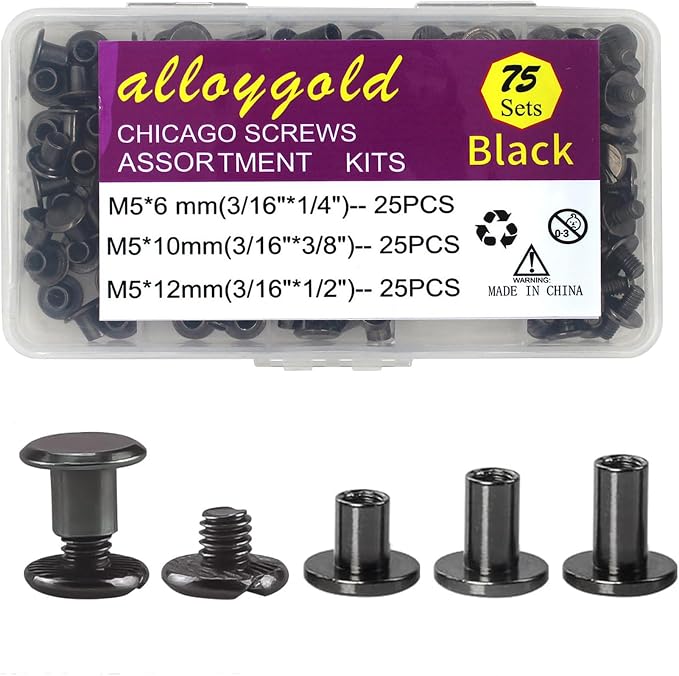 75 Sets Black Chicago Screws 1/4 3/8 1/2 Leather Assorted Kit ，3 Sizes of Screw Rivets for Chicago Screws for DIY Leather Craft and Bookbinding (M5 X 6, 10, 12)