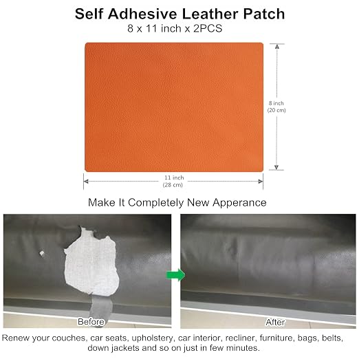 ILOFRI Leather Repair Patch 8x11 inch 2 Pcs, Durable Self Adhesive Vinyl and Leather Repair Kit for Couch, Car Seats, Boat Seat, Furniture, Upholstery, Auto Interior, Sofa, Chair -Orange