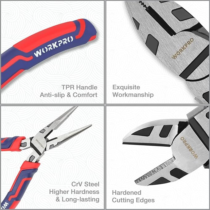 WORKPRO Pliers Set, Premium Cr-V Construction, Includes 6 Inch Slip Joint, Long Nose, Diagonal Cutting, 8 Inch Groove Joint, 7 Inch Linesman and Storage Pouch, for Basic Repair (Pack of 2)