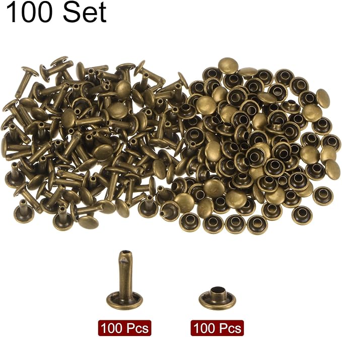 HARFINGTON 100 Sets Leather Rivets 10 x 7mm Metal Double Cap Rivet Snaps Studs Fasteners with 3pcs Setting Tools Rivets for Leather Craft DIY Repair Decoration, Bronze