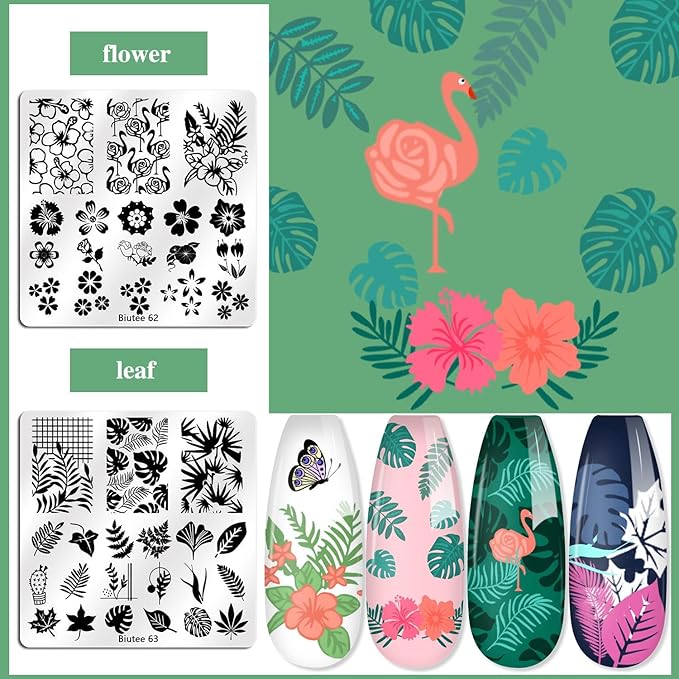 Biutee 15PCS Nail Art Stamping Plate 8 Nail Stamping Gel Polish Nail Stamping Kit Nail Stamper Scraper with Storage Bag, Lace Flower Butterfly Star Design Nail Stamp Template Kit for DIY Nail Art