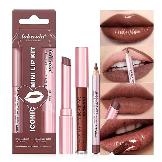 3PCS Lip Liner and Lipstick Combo Set - Matte Lip Liner Pencil, Velvet Matte Lipstick & Hydrating Collagen Lip Gloss - Long-Lasting, Smudge-Proof, Nude Brown Lip Makeup Kit (#3 Reddish Brown)