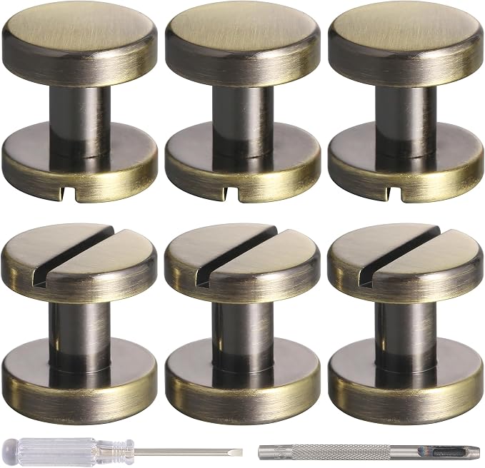 Notgia 6 Sets 10x6MM Brass Chicago Screws Rivets for Leather Binding Screws Studs Purse Hardware Spikes and Studs for Repair Decorate Clothing Shoes Belt Collar Leather Craft (Brushed Bronze)