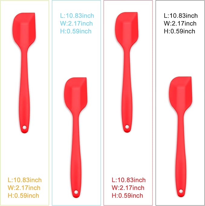 4‑Piece Silicone Spatulas Set Heat Resistant 600°F Seamless Steel‑Core Rubber Spatulas for Nonstick Cookware ALLWIN HOUSEWARE Uniform Length Kitchen Spatulas for Cooking & Baking, Red