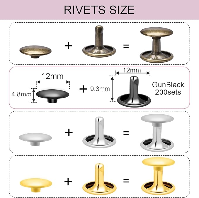 CooBigo 400Sets Rivets for Leather, 12mm Double Round Cap Rivets, Leather Rivets Tubular Studs Spike for Purse Strap Key Rings Clothing Fabric Pets Collar Repair Hardware (4 Color)