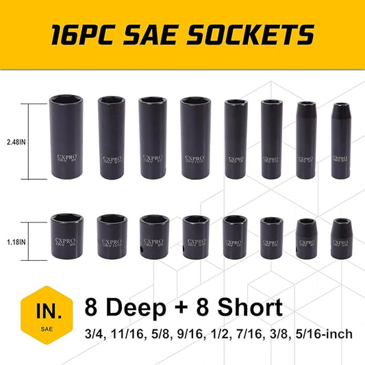 3/8'' Cr-V 6 Point Drive Impact Socket Set, 50-Piece Standard SAE (5/16 to 3/4 inch) and Metric (8-22mm) Size, 3/8-Inch Ratchet Handle, Extension Bar, Universal Joint