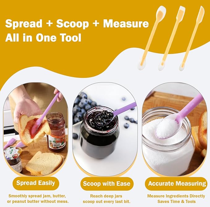 Long Handle Jar Scraper & Dual-Ended Silicone Spatula Spoon Set of 3 – Peanut Butter Spatula with Measuring Scale (1 Tbsp, 1 Tsp, 1/2 Tsp) for Deep Jars, Jam, Mayo, Blender Cups (yellow)