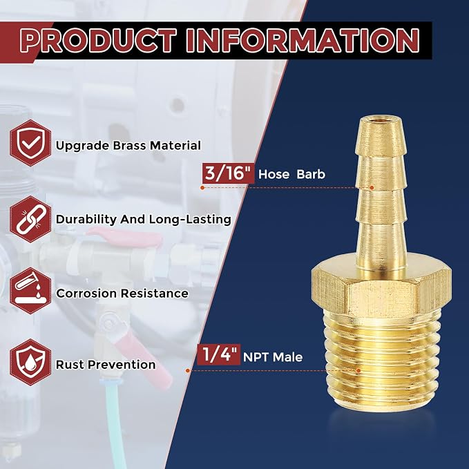 Pack of 3 Brass Hose Barb Fittings Adapter Connector 3/16" Hose Barb to 1/4" NPT Male Fittings for Home Machines, Massage Bathtubs, and Irrigation Systems