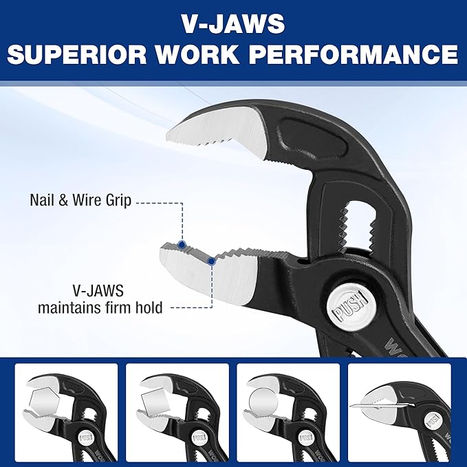 WORKPRO 10 Inch Water Pump Pliers, V-Jaw Groove Joint Pliers, CR-V Quick Adjustable Pliers for Home and Industrial Repair, Push-Lock, Soft Grip, Upgraded Wide Opening