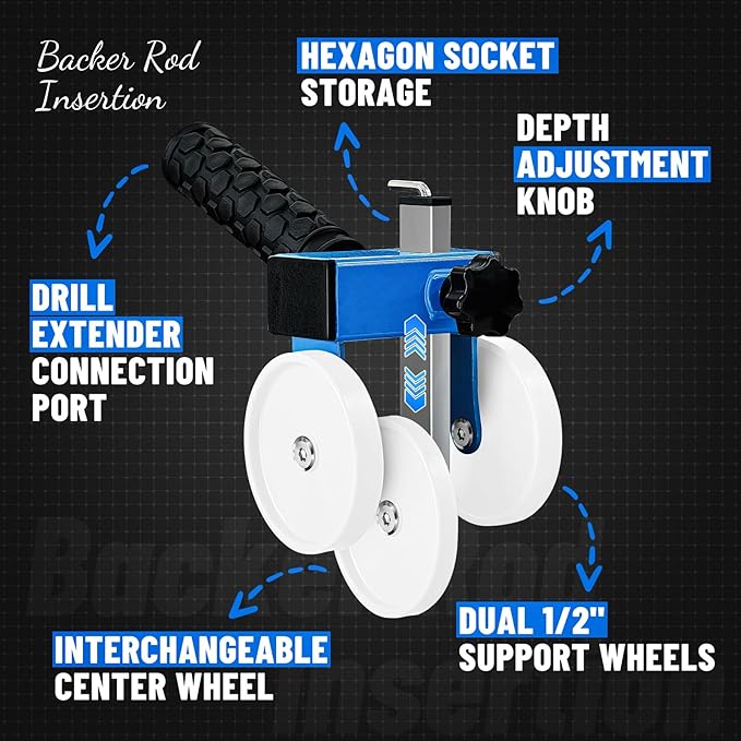 Backer Rod Insertion Tool, Depth-Adjustable with Auxiliary Wheels, Equipped with 4 Interchangeable Wheels, for Concrete Joint Sealing, Road Construction and Construction Projects