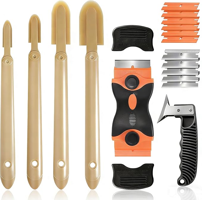 6 Pcs Caulk Tool Set-Multi-Purpose Silicone Caulking Tool Kit with Caulk Smoothing Tool,Razor Blade Scraper,Caulk Remover Tool for Clean Seal Lines,Non-Scratch for Bathroom,Kitchen,Window Repair