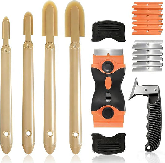6 Pcs Caulk Tool Set-Multi-Purpose Silicone Caulking Tool Kit with Caulk Smoothing Tool,Razor Blade Scraper,Caulk Remover Tool for Clean Seal Lines,Non-Scratch for Bathroom,Kitchen,Window Repair