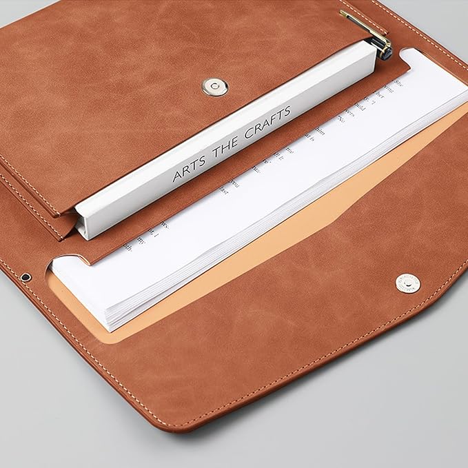 PU Leather A4 File Folder Document Holder with 2 Compartments Envelope Folder Case with Snap Closure for Receipt Contract (Brown)