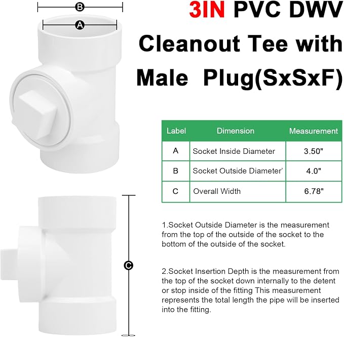 3IN PVC DWV Cleanout Tee with Plug Pipe Fitting (Socket x Socket x FPT) SCH40 3IN DWV PVC Sewer Cleanout Tee with NPT Female Cap Cover for pipe, Drain, Waste, Vent