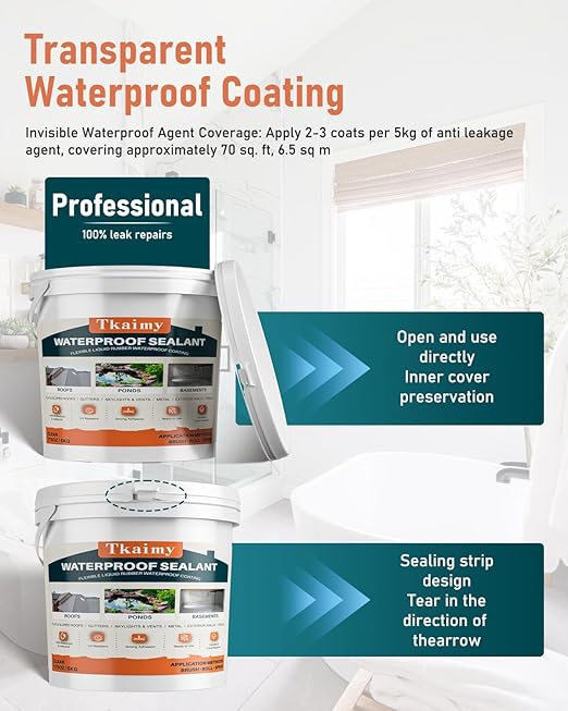 Tkaimy Transparent Waterproof Coating 175oz, Water-Based Invisible Waterproof Agent Leak Repair Sealant, Indoor & Outdoor Roofs, Shower Walls, Bathroom, Kitchen, Liquid Water Proof Clear Sealant