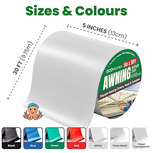 Awning Covers & Tarp Repair Tape - Waterproof Self Adhesive Patch Repair Kit | Patch Tapes for Awnings, Outdoor Canopies, Patio Window Awnings, Gazebos, Tents, RV, Canvas, Boat Covers (Transparent 5")
