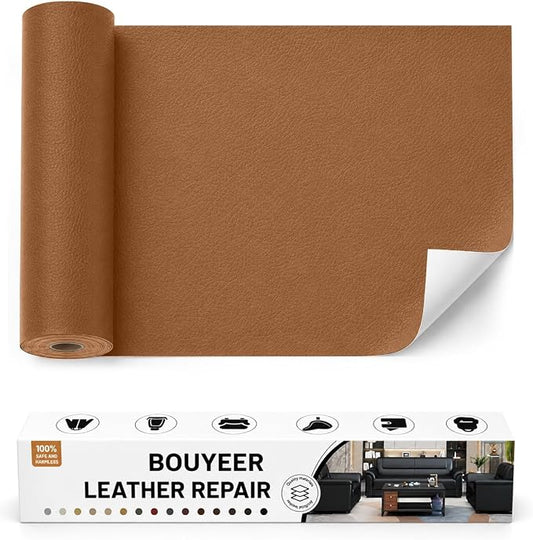 BOUYEER Leather Repair Patch Tape Kit,Self Adhesive Leather Repair for Sofa，Car Seat,Office Chair,Furniture,Jacket,Waterproof Strong Adhesive Vinyl Repair Kit. 16 in x 31 in,Light Brown