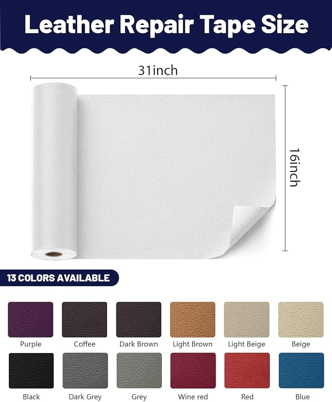 BOUYEER Leather Repair Patch Tape Kit,Self Adhesive Leather Repair for Sofa，Car Seat,Office Chair,Furniture,Jacket,Waterproof Strong Adhesive Vinyl Repair Kit. 16 in x 31 in,White